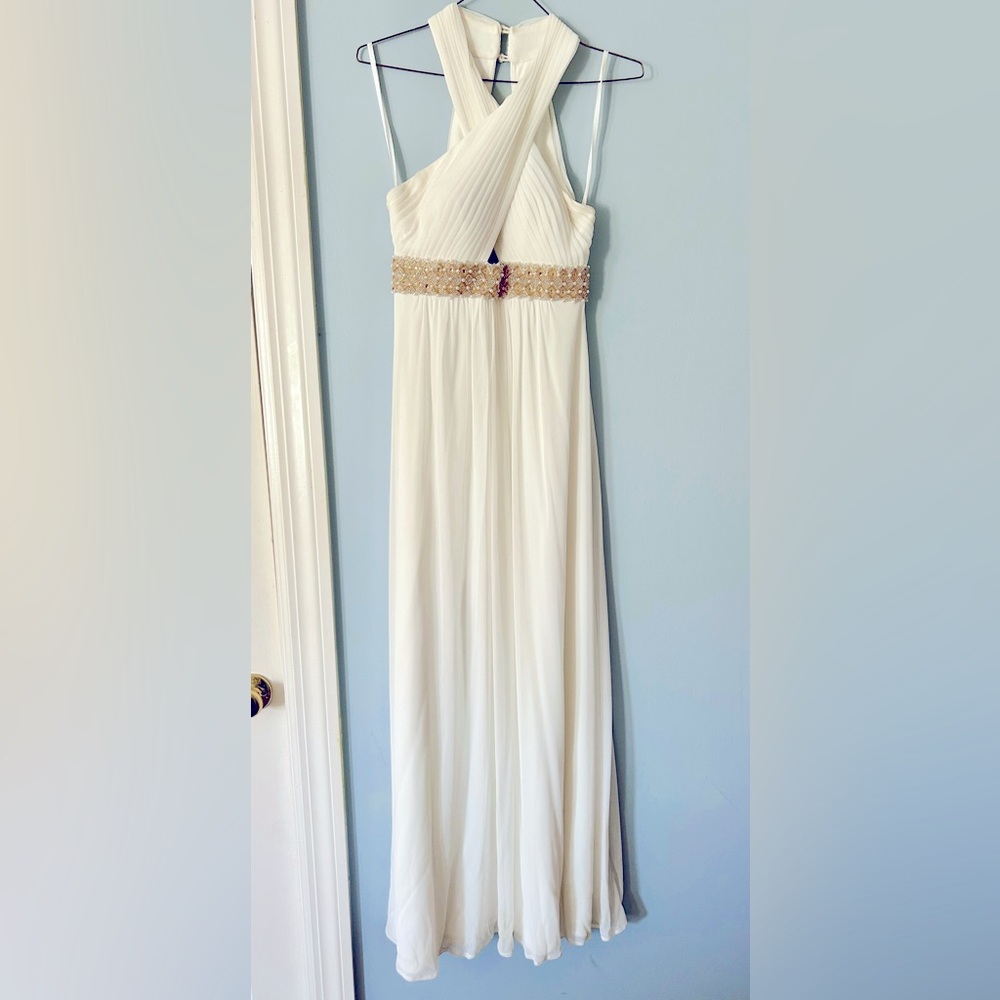 White Pleated Prom/Formal Gown with Embellished Waist – Size 0